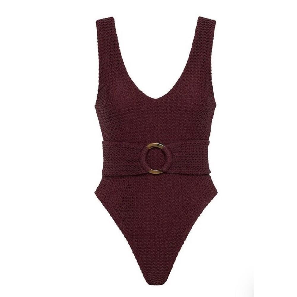 Montce Maroon Crochet Kim One-Piece Belted Swimsuit XL NEW - Picture 2 of 10